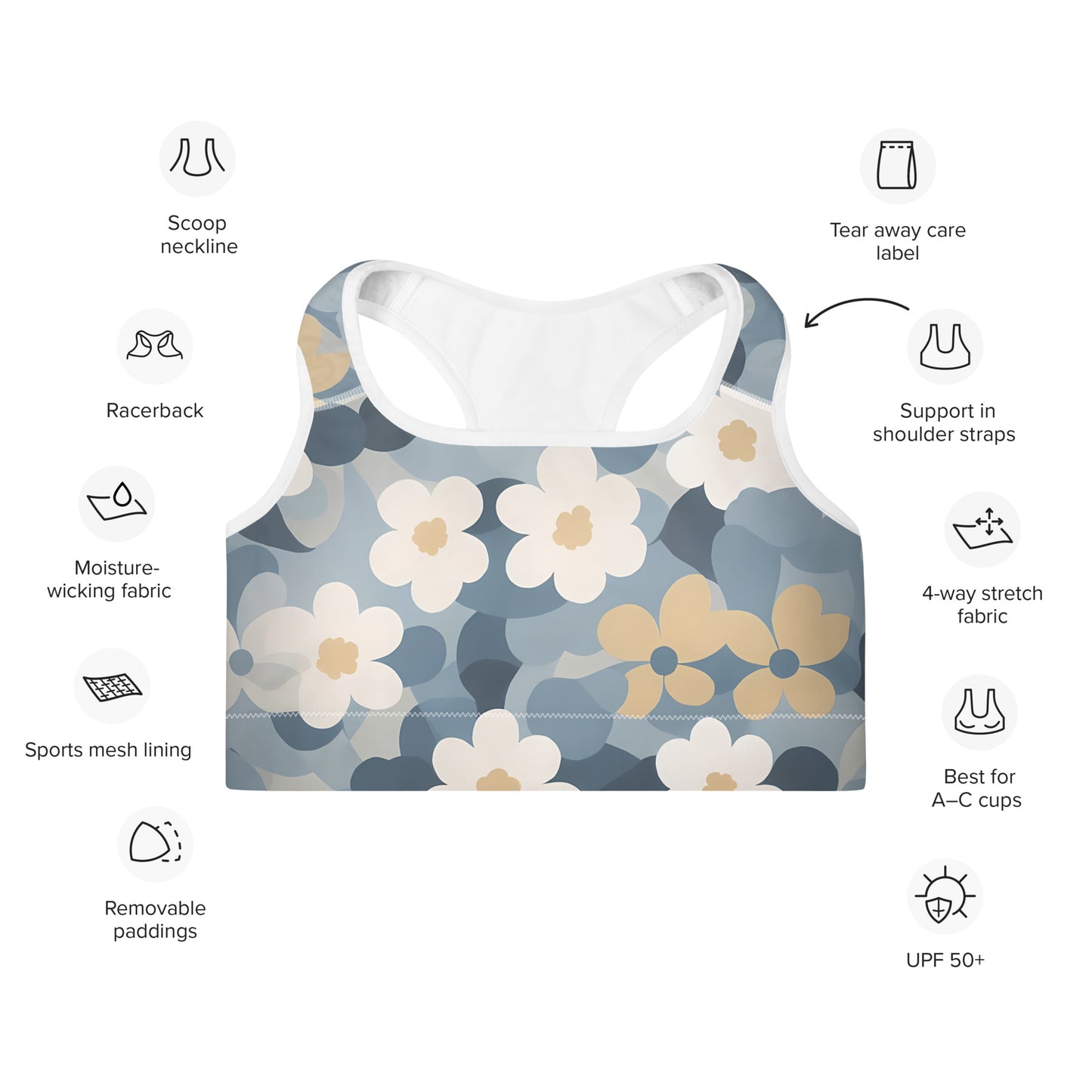 Funky Flowers Blue Camo Padded Sports Bra