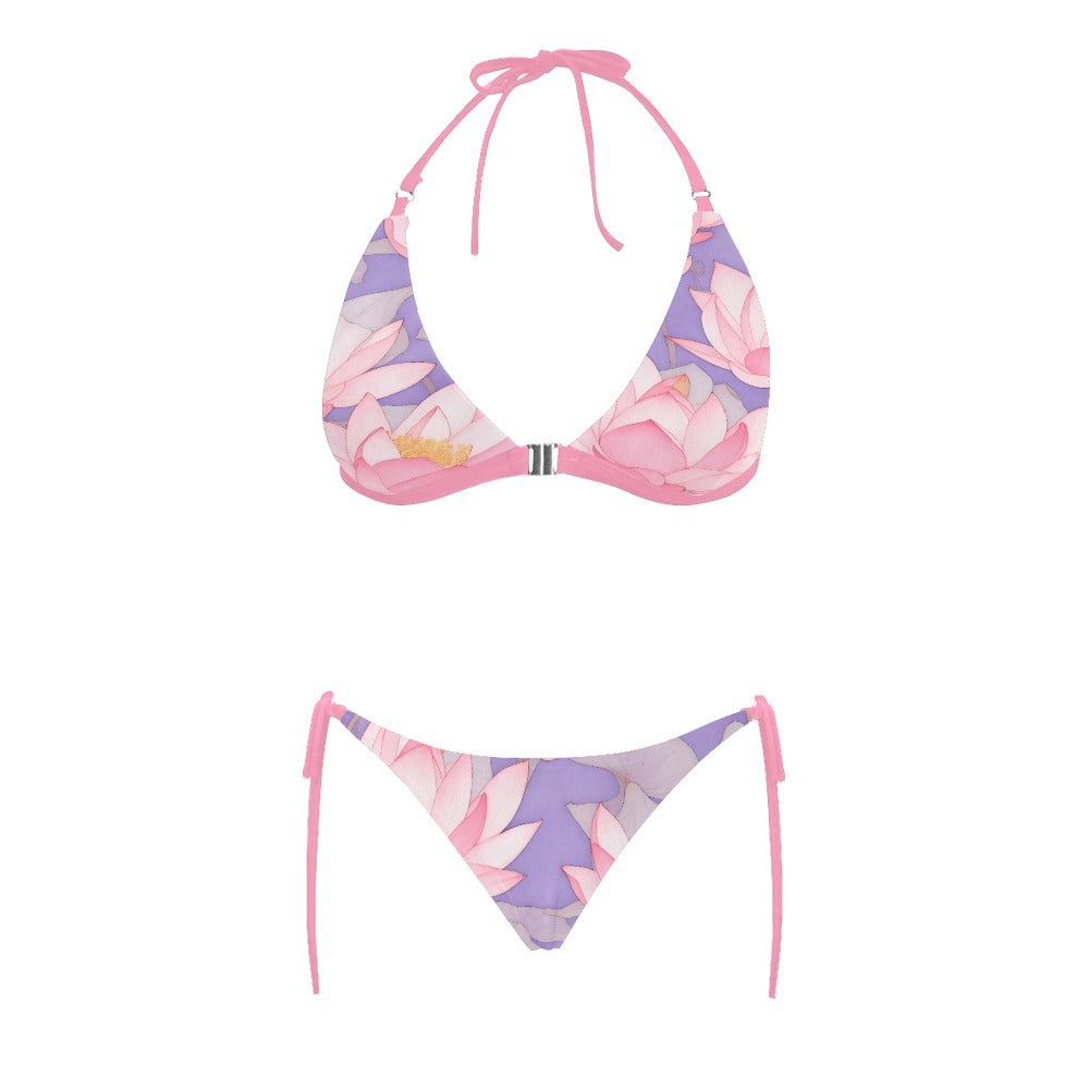 Pink Lotus Flower Front Buckle Halter Bikini Swimsuit