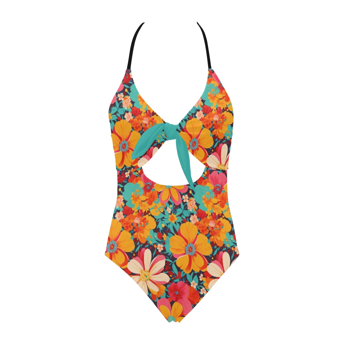 Groovy Flowers Backless Bow Hollow Out One Piece Swimsuit