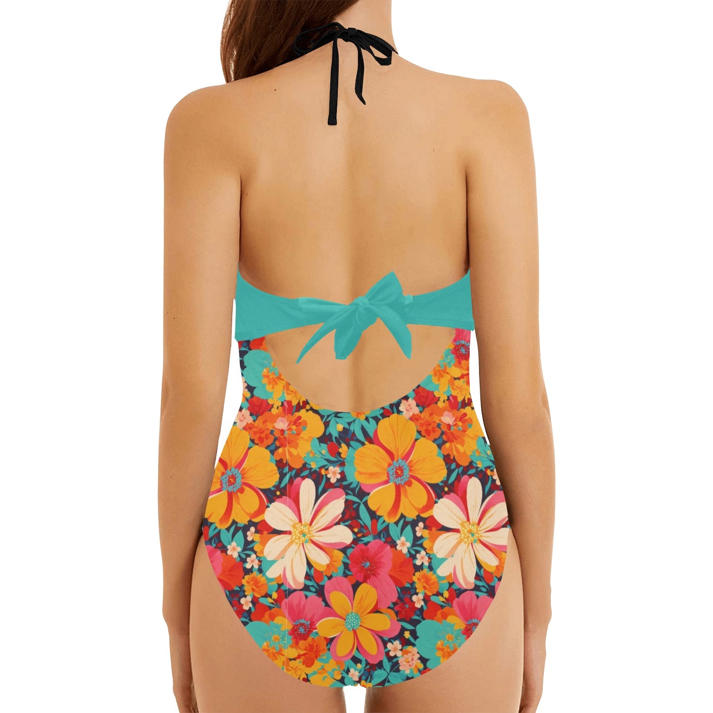 Groovy Flowers Backless Bow Hollow Out One Piece Swimsuit