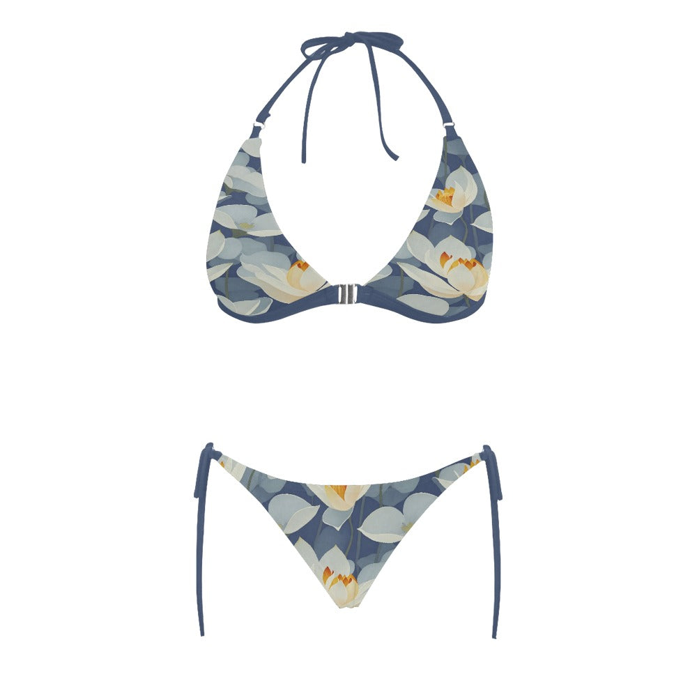 Water Lotus Front Buckle Halter Bikini Swimsuit