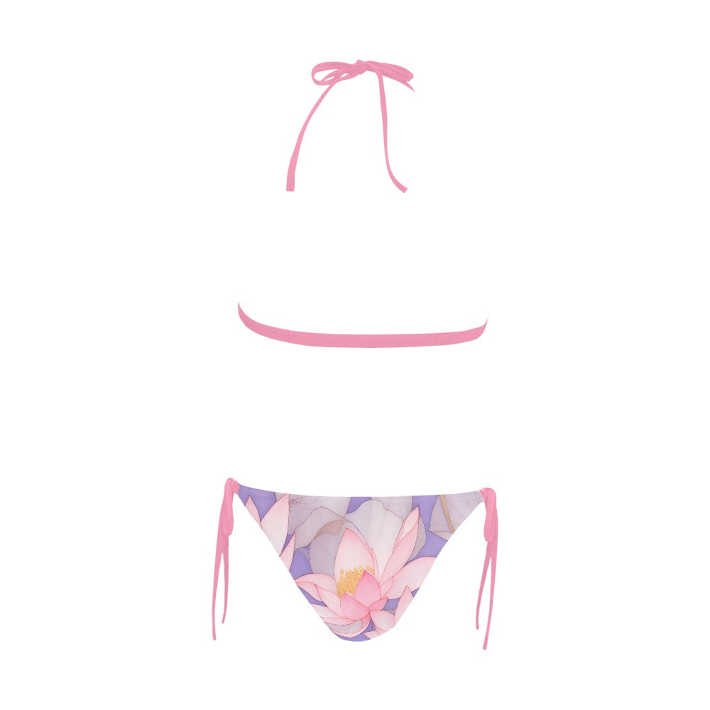 Pink Lotus Flower Front Buckle Halter Bikini Swimsuit