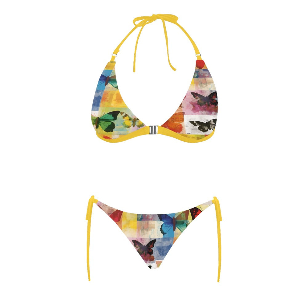 Butterfly Watercolor Front Buckle Halter Bikini Swimsuit