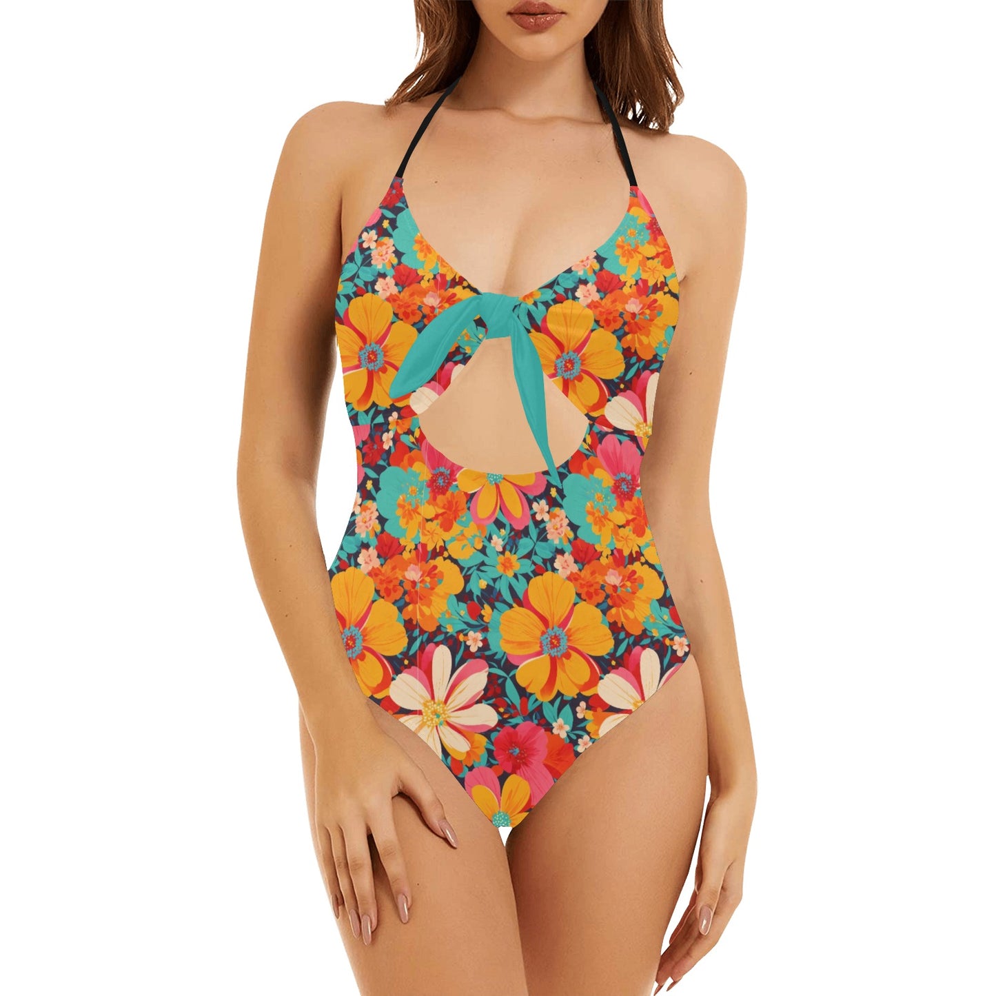 Groovy Flowers Backless Bow Hollow Out One Piece Swimsuit